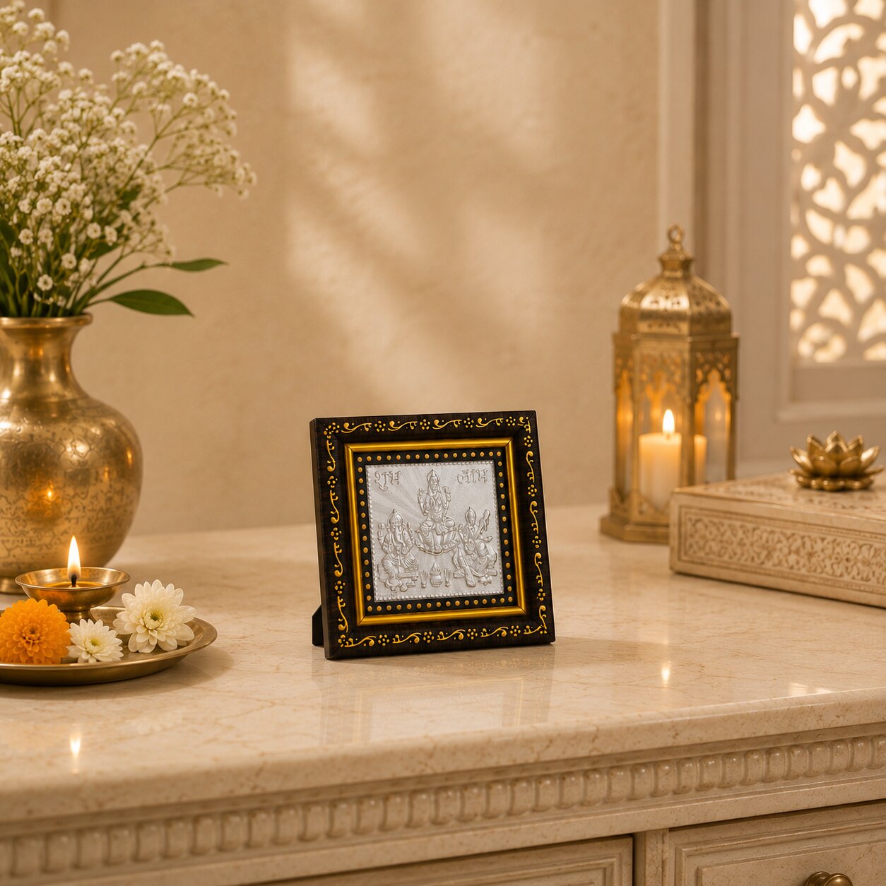 Frame Mini Ganesh Laxmi Saraswati in Silver By Osasbazaar Lifestyle Image